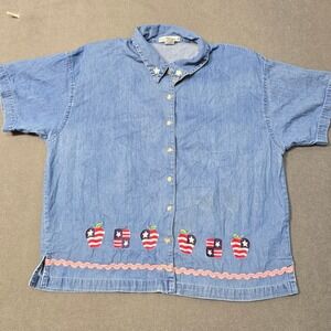 VTG Maggie & Max Embroidered Flag and Apple Teacher Denim Button Down Shirt 1X